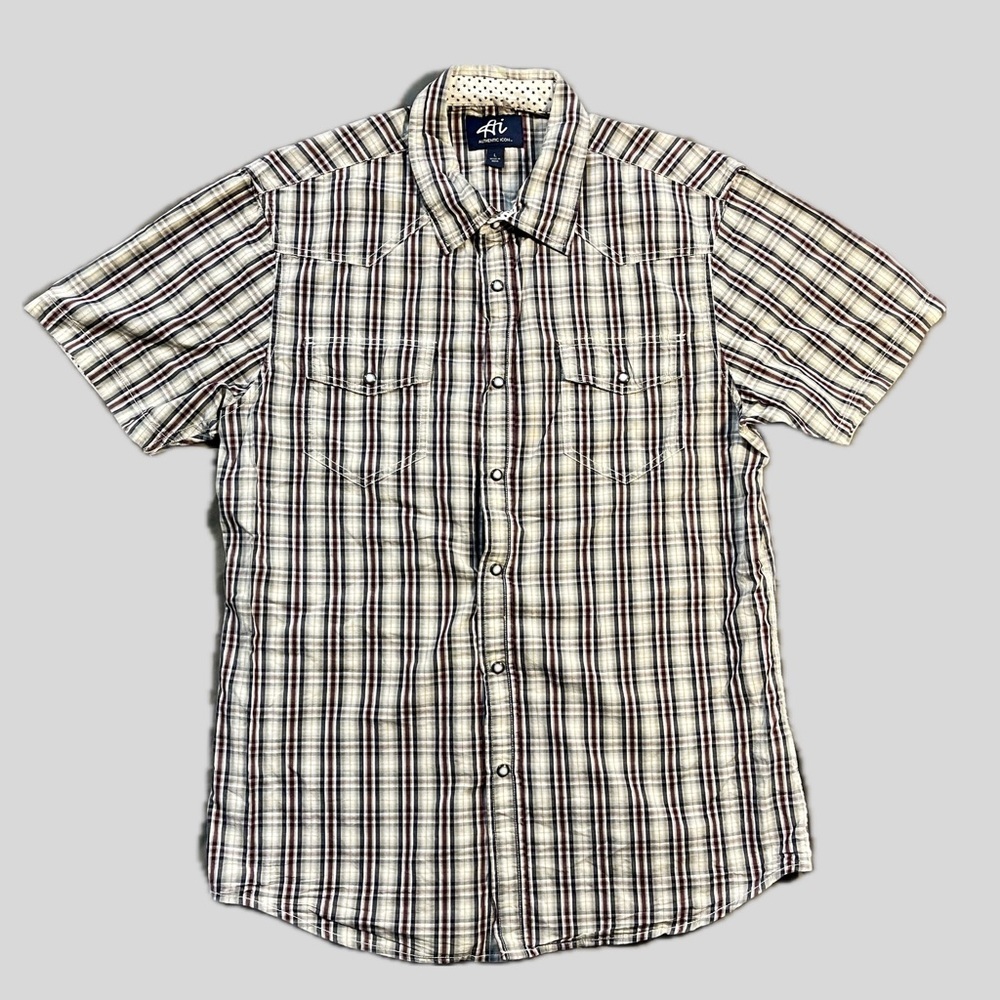 AI Authentic Icon Plaid Western Pearl Snap Short Sleeve Shirt Size Large